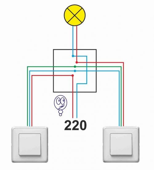 Подключение проходного выключателя одноклавишного с двух мест. Подключение проходного выключателя из двух точек на 1 лампу: особенности и схемы подключения