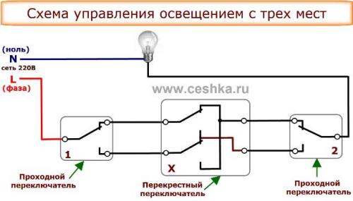 Перекрёстный выключатель схема подключения. Практика подключения перекрёстного 2х клавишного выключателя