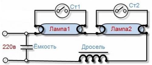 Подключение люминесцентной лампы с дросселем. Схема подключения люминесцентной лампы