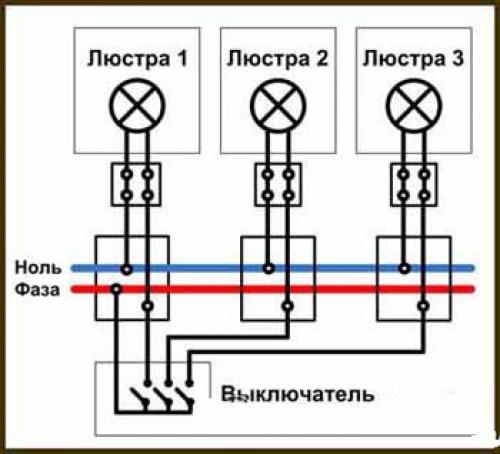 Как подключить люстру с 4 проводами. Все варианты подключения люстр на 2, 5 или более лампочек к двойному выключателю