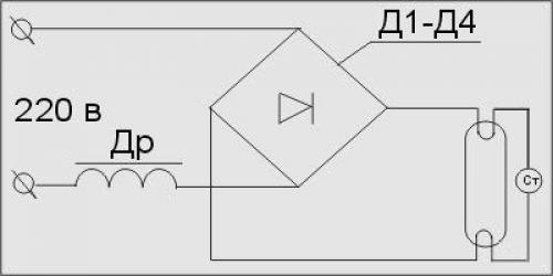 Схема люминесцентной лампы с двумя дросселями. Схема подключения с применением электромагнитный балласта или ЭмПРА (дросель и стартер) Более распространённая схема подключения люминесцентной лампы – с использованием ЭМПРА. Это