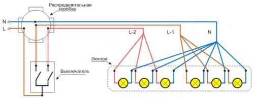 Как подключить люстру с 8 лампами. Схема подключения люстры к двухклавишному выключателю